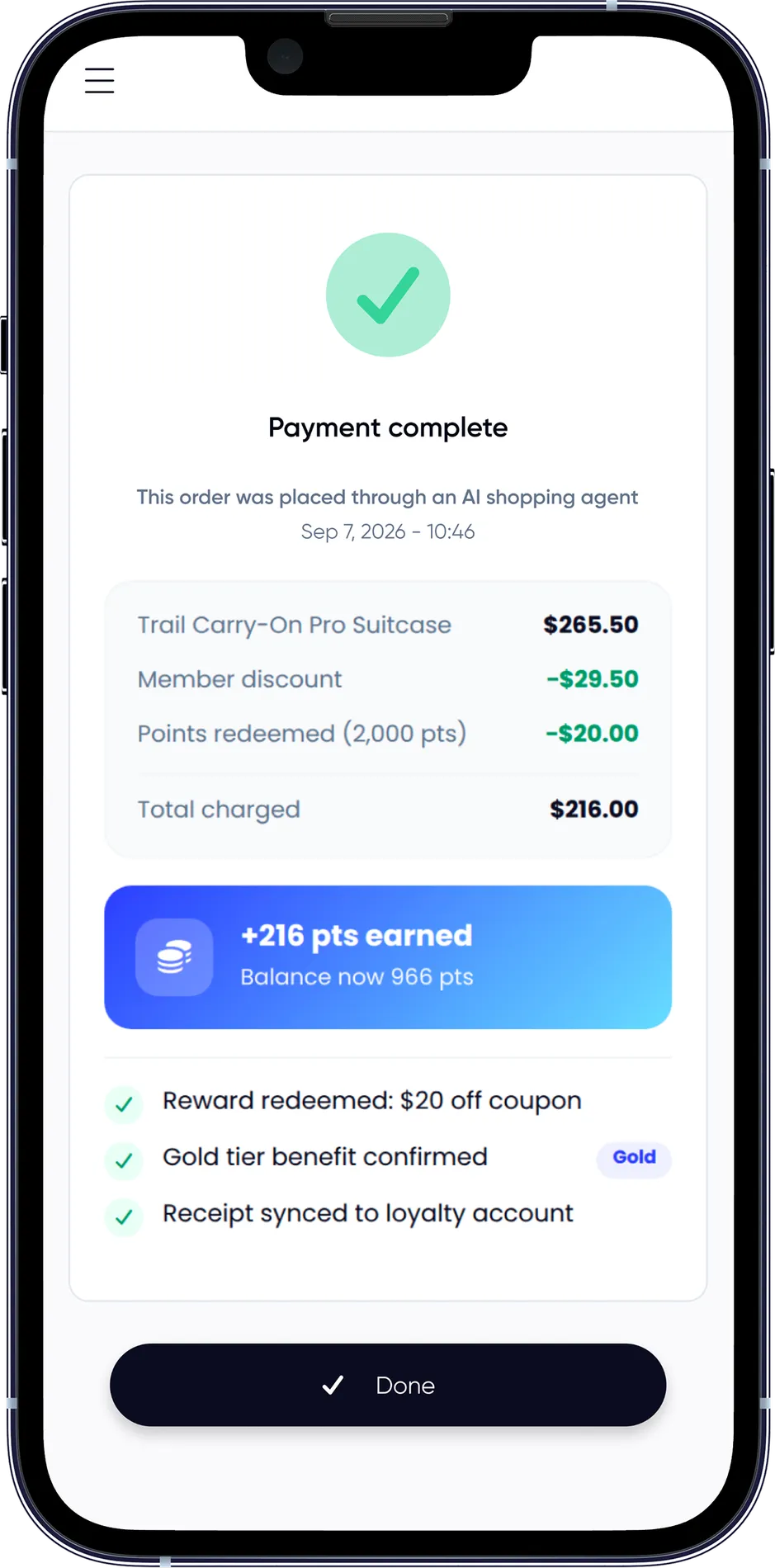 Phone mockup showing payment confirmation with points earned