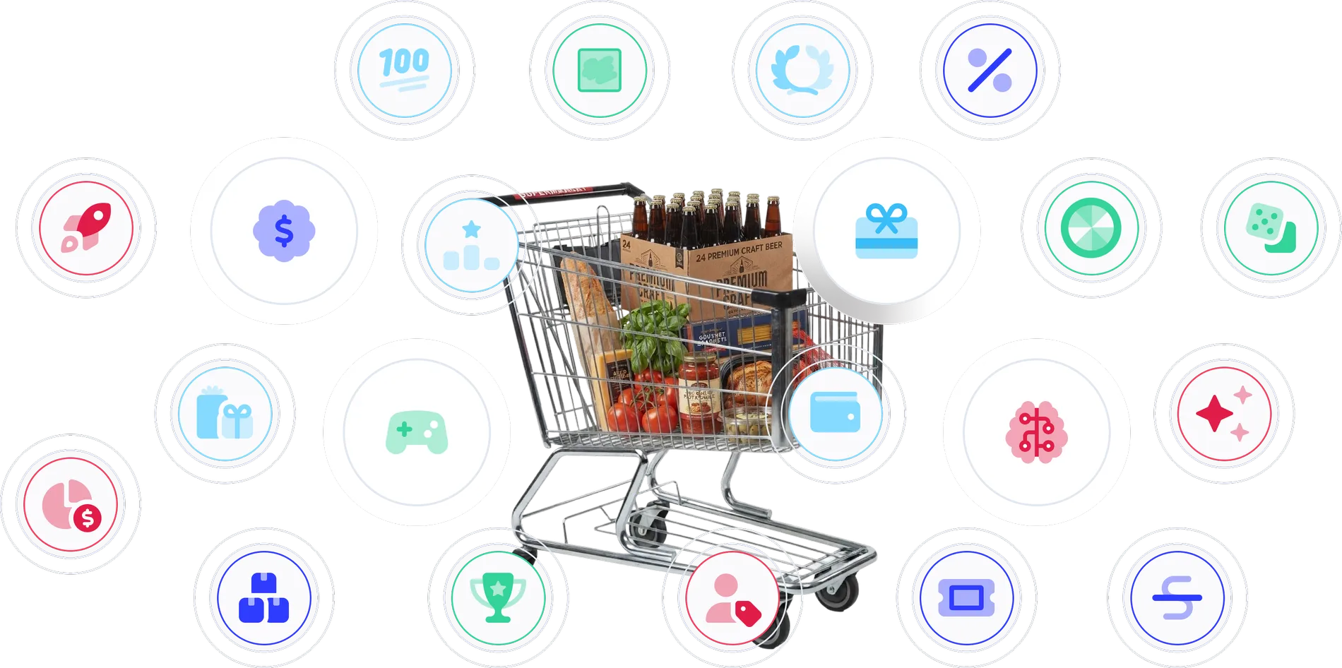 Shopping cart surrounded by loyalty and promotion mechanic icons